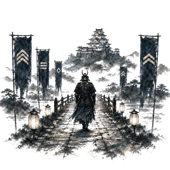 Ink painting: a lone samurai on a path between banners, lanterns lit, a castle in the mist
