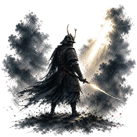 Ink painting: a samurai in a dark cloak, his blade lowered, a ray of light breaking through the mist