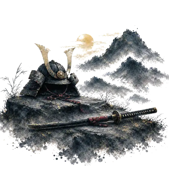 Ink painting: a samurai helmet and a katana resting on a hill, mountains and a pale sun behind