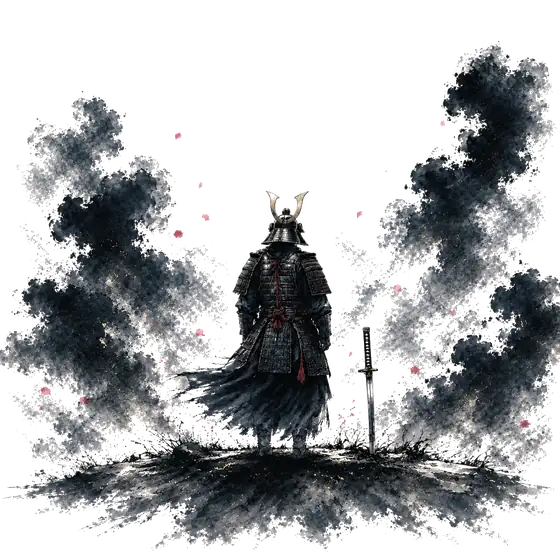 Ink painting: a samurai standing still in the mist, a blade planted in the ground beside him, petals falling